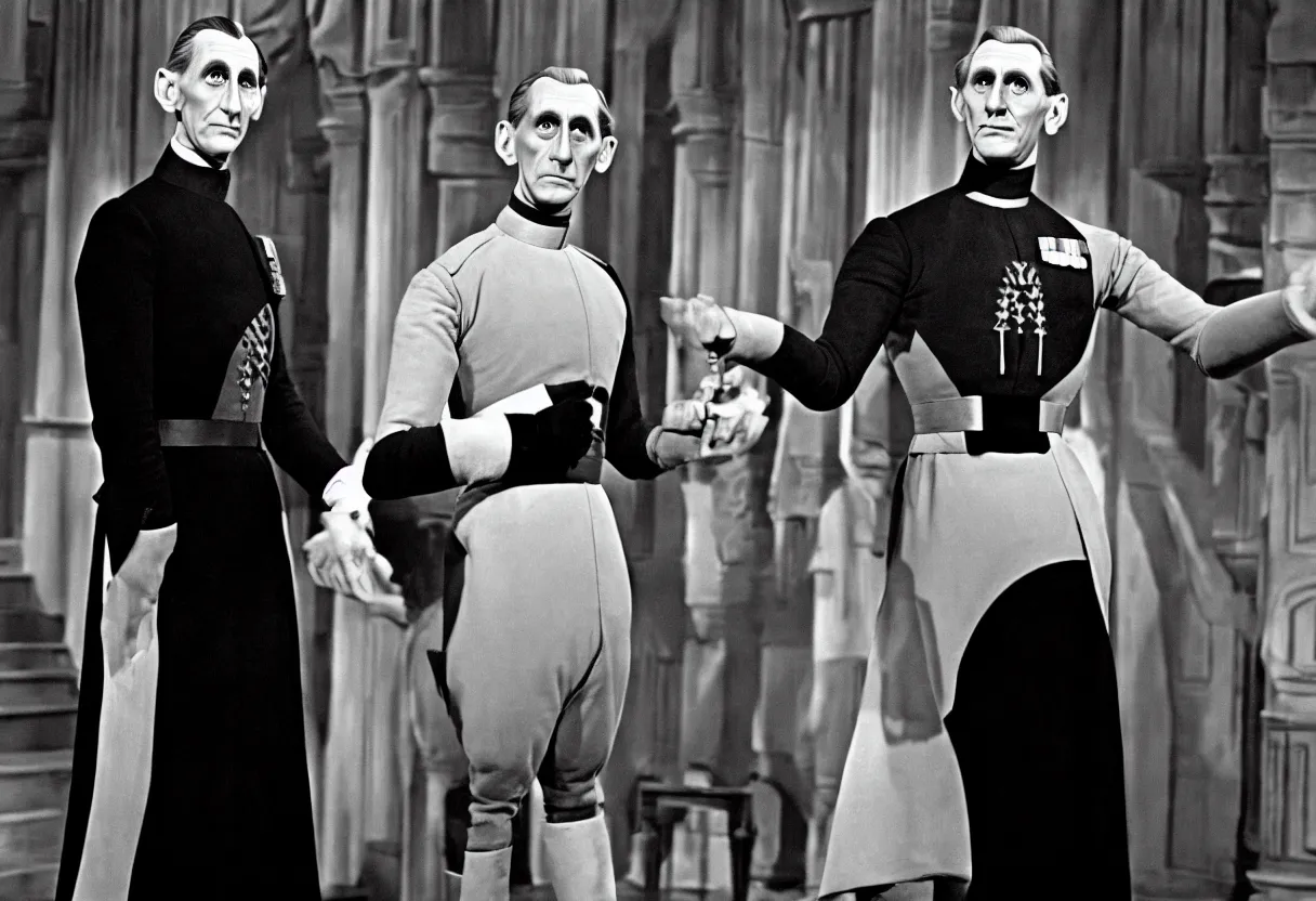 Image similar to still from the Disney plus show Tarkin! A show full of theatrical intrigue and whimsy, based around governor Tarkin’s pre-Empire life as a fading theatre star on Alderraan’s Broadway in the 1960s Technicolor