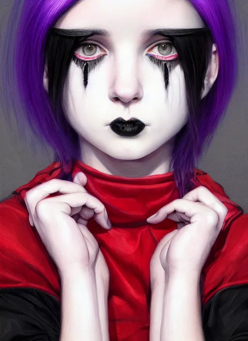 Image similar to portrait of white teenage girl named shrill prisston, normal face, black bangs, mall goth, cyberlox, black hair white bangs, fluffy bangs, red irises, purple hairband, intricate, elegant, highly detailed, digital painting, artstation, concept art, sharp focus, smooth, illustration, art by wlop, mars ravelo and greg rutkowski