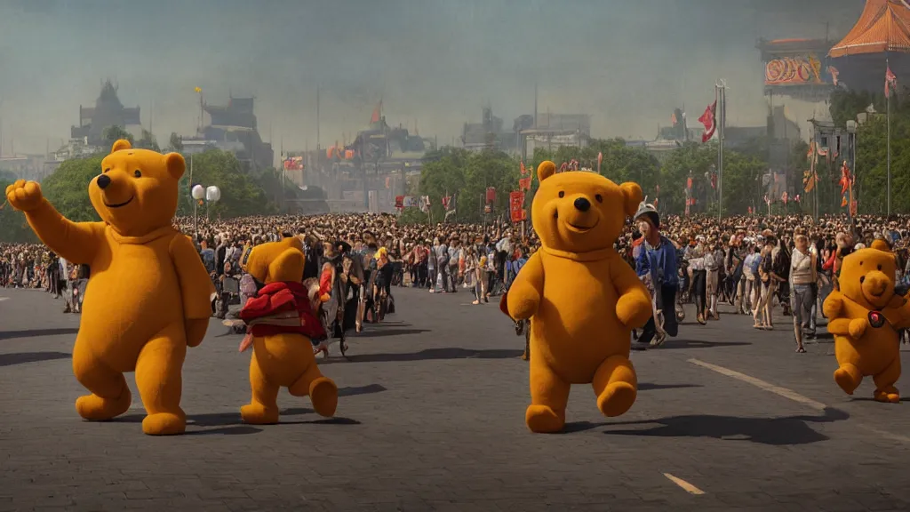 Image similar to giant winnie the pooh bear walking in the tiananmen square parade with tanks and icbm missiles. andreas achenbach, artgerm, mikko lagerstedt, zack snyder, tokujin yoshioka