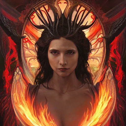 Prompt: an acrylic on canvas portrait of a great lucifer flying, great wings, demon horn, fire above head, long dark hair,, Mystery, Love, wholeness, rooted lineage, web of life, open eye freedom by Greg Rutkowski, Artgerm and Alphonse Mucha. Epic fantasy art.