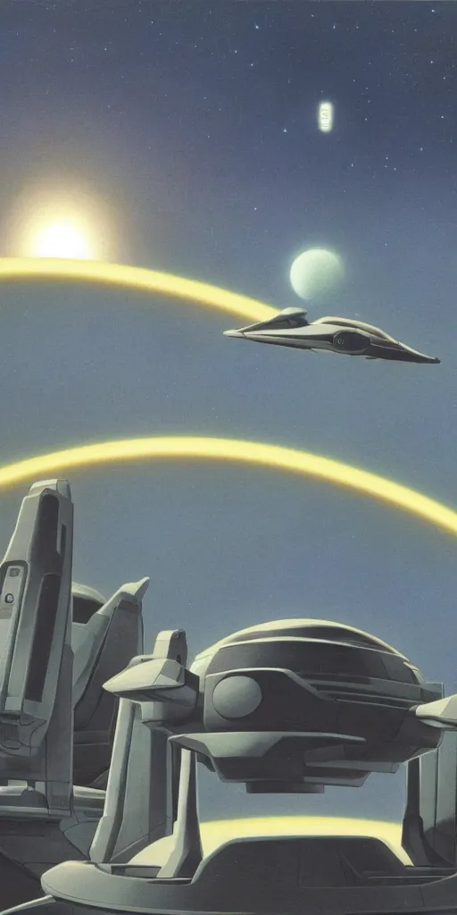 Prompt: futuristic skyline, spaceship, two moons, Ralph McQuarrie