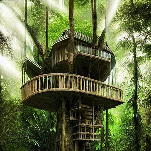 Prompt: “ treehouse in rainforest, photoreal, hq ”