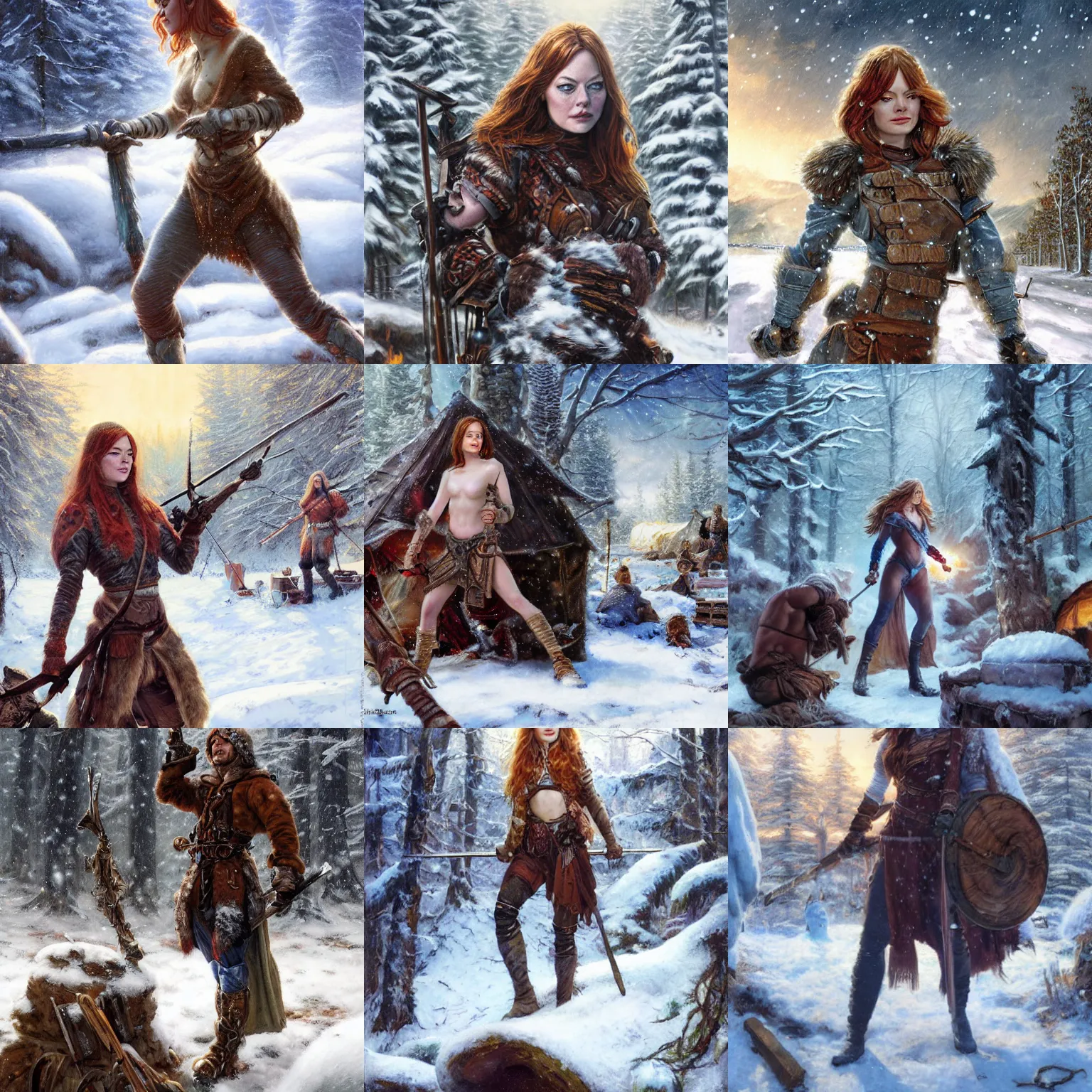 Prompt: portrait of Emma Stone as a muscled warrior setting up camp in warm clothes, snowy winter scene, Donato Giancola, Mark Brooks, Ralph Horsley, Charlie Bowater, Artgerm, Christopher Balaskas, Bastien Lecouffe-Deharme, Boris Vallejo