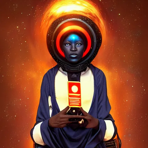 Image similar to afrofuturistic techno - mage uploading ancestral knowledge to the uni - mind interface, dark fantasy, occult, hyperrealistic, high - quality, surrealist painting, artstation