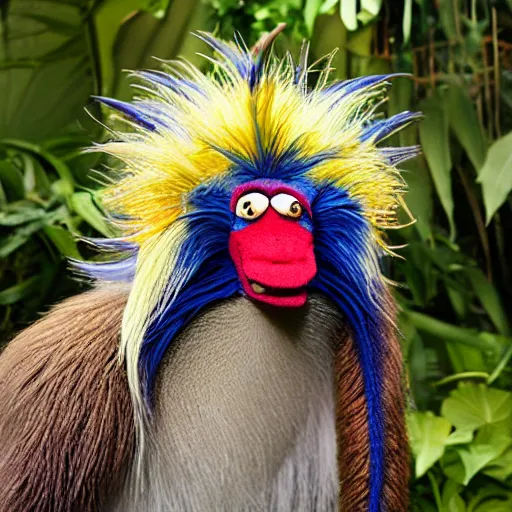 Prompt: jim Henson mandrill cassowary hybrid muppet