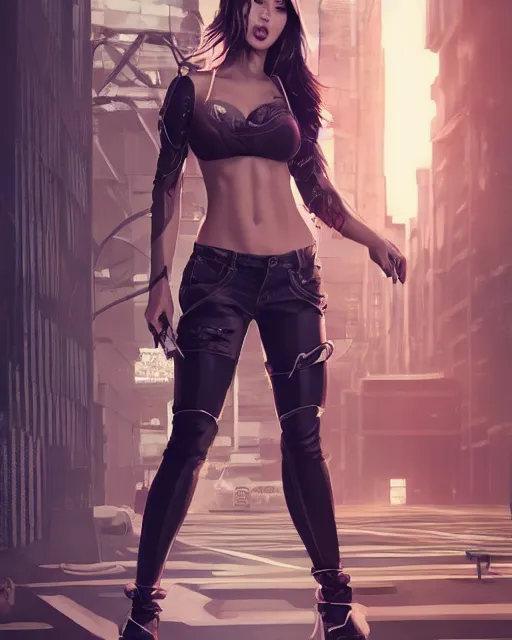 Prompt: full body shot of Megan fox by wlop, rossdraws, mingchen shen, bangkuart, sakimichan, yan gisuka, jeongseok lee, arney freytag, artstation, fantasy photoshoot, urban jungle, fashion pose, octane, 4k