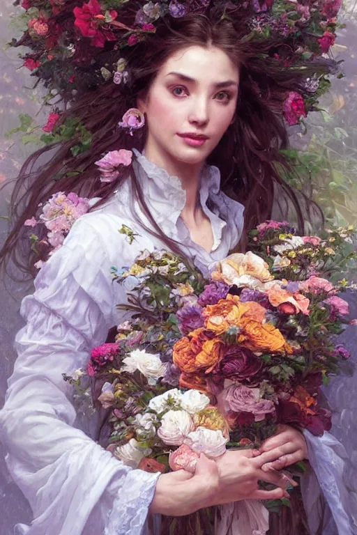 Image similar to portrait of a beautiful mysterious woman holding a bouquet of flowing flowers, hands hidden under the bouquet, fantasy, regal, intricate, by stanley artgerm lau, greg rutkowski, thomas kindkade, alphonse mucha, loish, norman rockwell