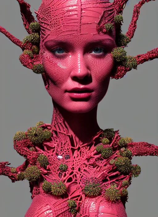 Image similar to hyper detailed 3d render like a sculpture - profile subsurface scattering (a beautiful fae princess protective playful expressive from that looks like a borg queen wearing a sundress made of flowers) seen red carpet photoshoot in UVIVF posing in caustic light pattern pool of water to Eat bite of the Strangling network of yellowcake aerochrome and milky Fruit and His delicate Hands hold of gossamer polyp blossoms bring iridescent fungal flowers whose spores black the foolish stars by Jacek Yerka, Ilya Kuvshinov, Mariusz Lewandowski, Houdini algorithmic generative render, golen ratio, Abstract brush strokes, Masterpiece, Victor Nizovtsev and James Gilleard, Zdzislaw Beksinski, Tom Whalen, Mark Ryden, Wolfgang Lettl, hints of Yayoi Kasuma and Dr. Seuss, Grant Wood, octane render, 8k, maxwell render, siggraph