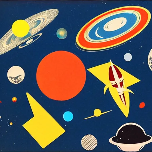 Image similar to A mid-century modern collage of Space Travel. Materials: random shapes cut from magazines, torn construction paper, glitter