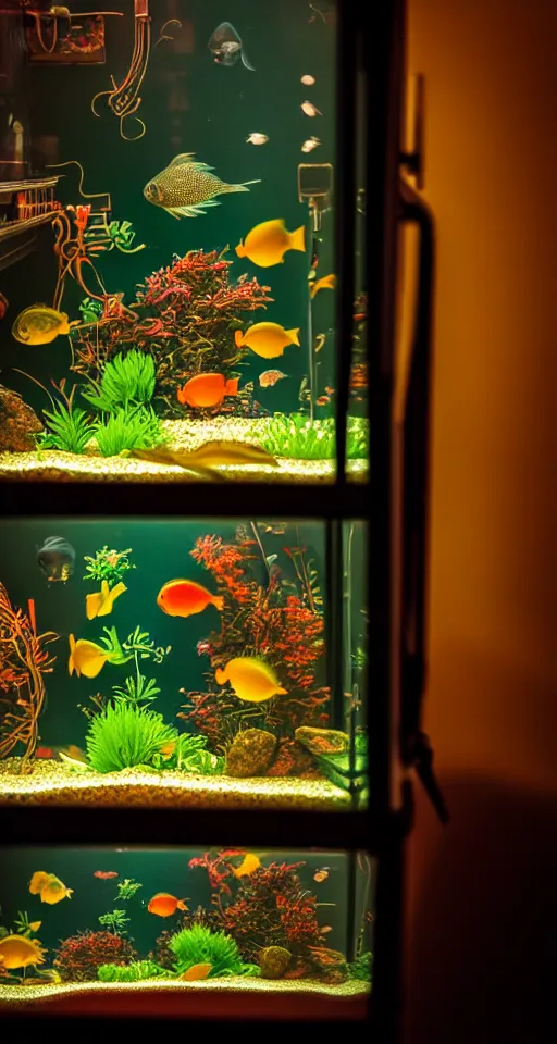 Image similar to telephoto 7 0 mm f / 2. 8 iso 2 0 0 photograph depicting the feeling of chrysalism in a cosy safe cluttered french art nouveau cyberpunk apartment in a dreamstate art cinema style. fish tank, ambient light.