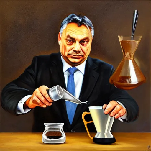 Image similar to viktor orban making chemex coffee, oil painting