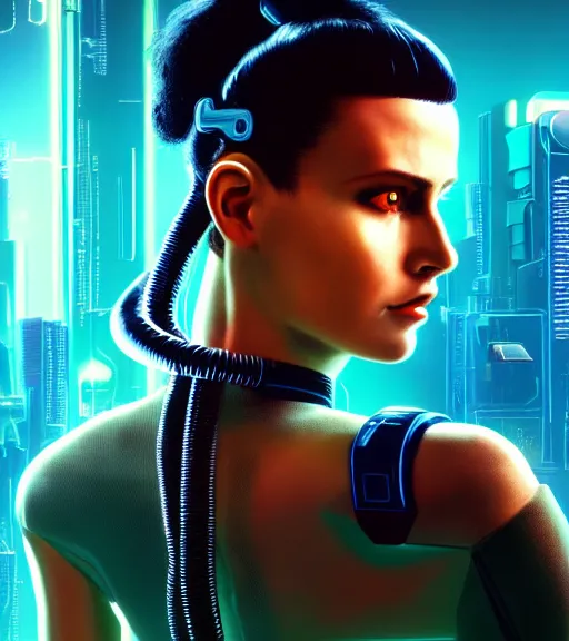 Prompt: cable plugged into cyberdeck, back of head, cyberpunk woman, computer, 1 9 7 9 omni magazine cover, style by vincent di fate, cyberpunk 2 0 7 7, 4 k resolution, unreal engine, daz