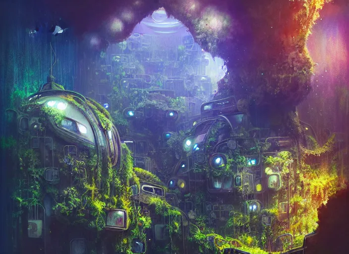 Prompt: overgrown favela spaceship cathedral, underwater environment, scenery, professional, award - winning, trending on artstation, hyper detailed, realistic, beautiful, emotional, shiny, colorful, picture