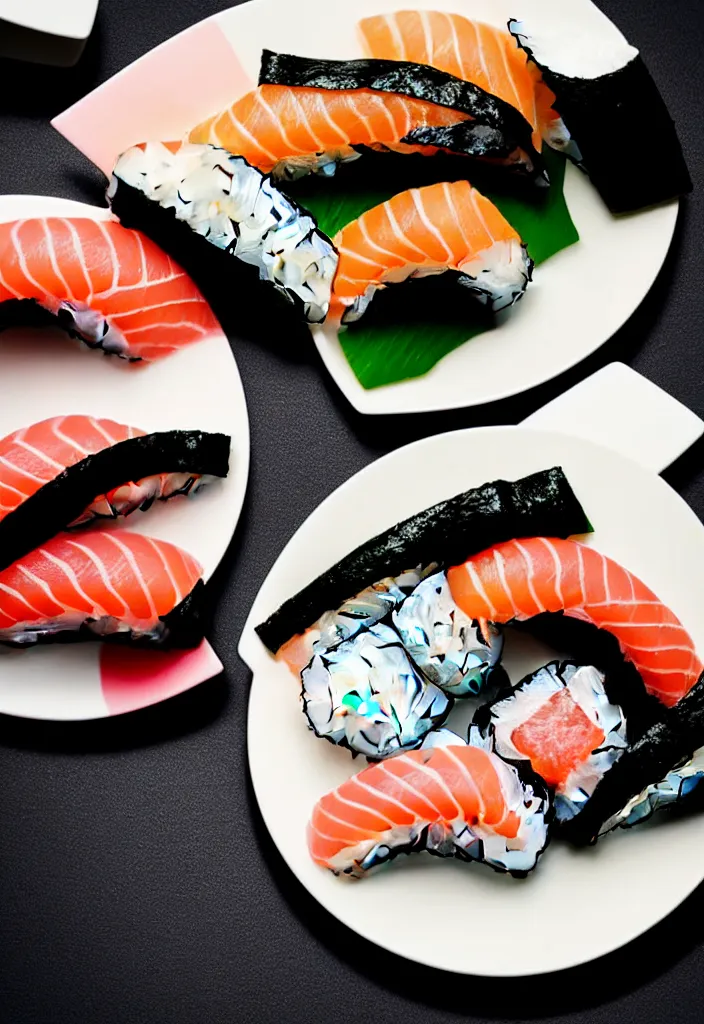 Image similar to extreme closeup of a single plate of sushi, hyper minimalist geometric 9 0 s graphic design in the style of buro destrukt and die gestalten verlag