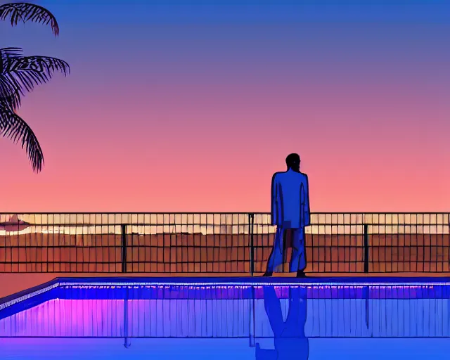 Image similar to a man standing next to a swimming pool outside a motel with a neon sign in the desert at night, in the style of hiroshi nagai