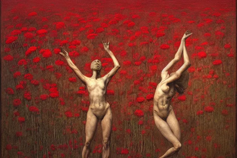 Image similar to only with red, red flowers of different types, a red tiger, a castle in the background, medieval demons dance over the flowers, an ancient path, in the style of beksinski, part by hopper, part by rodcenko, part by hofbauer, intricate composition, red by caravaggio, insanely quality, highly detailed, masterpiece, red light, artstation