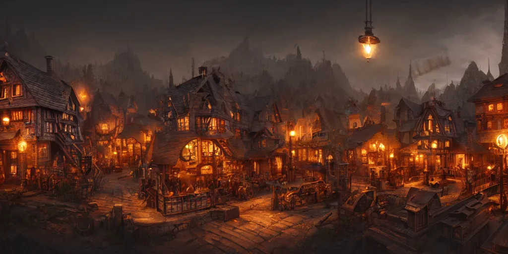 Image similar to a small steampunk wooden village, rich, cyborgs, dark aesthetic, soft colours, natural, steam, big clocks, concept art, octane render, unreal engine, in the style of luca guadagnino, highly detailed, high quality, artstation, digital art, 8 k hdr, cinematic, dramatic lighting, scenic, rich colour scheme