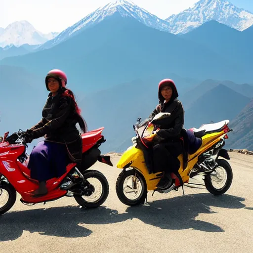 Image similar to Two japanese women riding motorbikes through the Himalayas