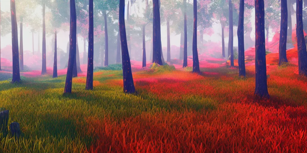 Image similar to abstract 3d landscape forest painting by james jean and David Schnell with 1 year old trees painted in no mans sky style, redshift, octane