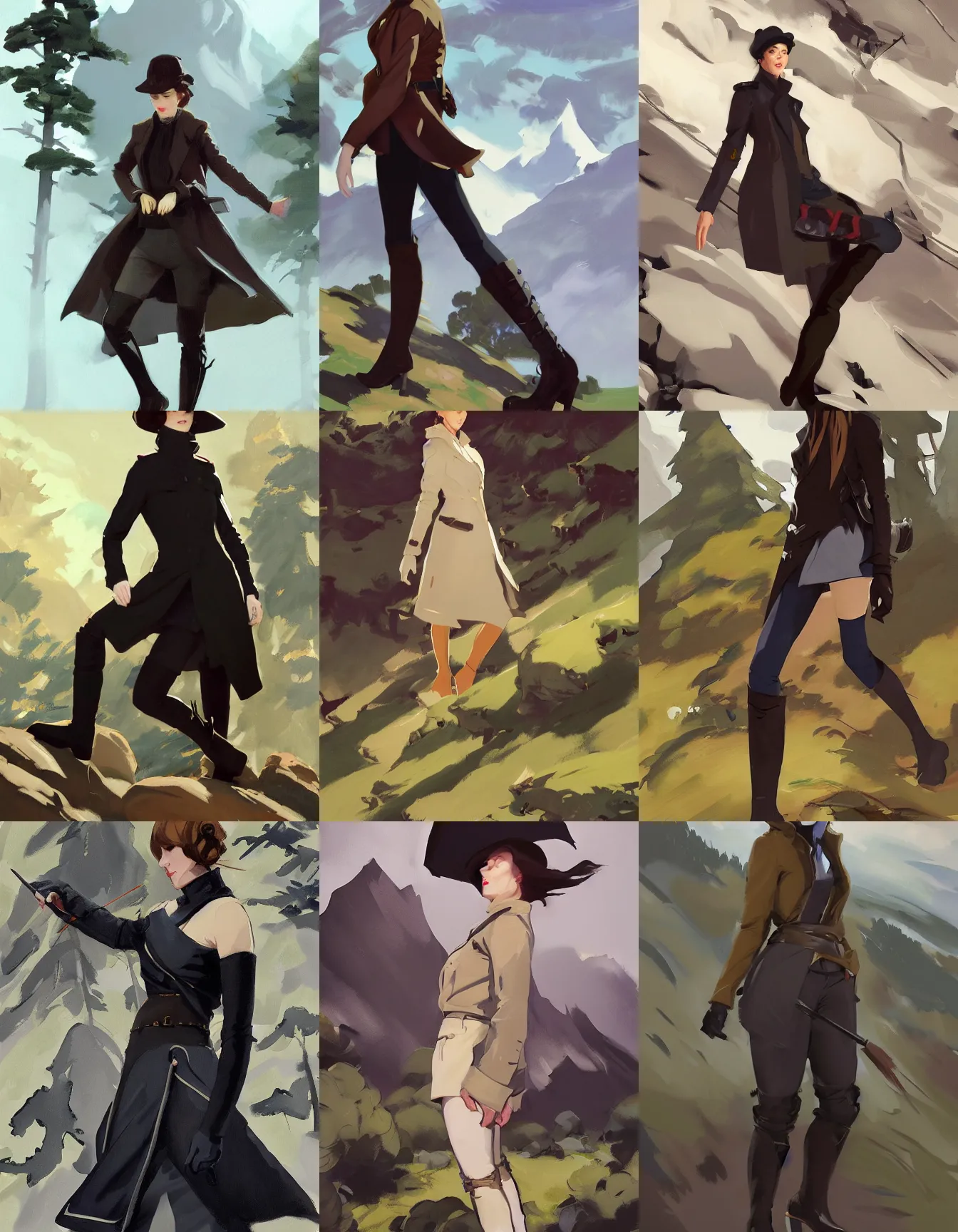 Prompt: cloth fabric black jodhpurs knee high boots travel coat fashion, solo hiking in mountains trees, greg manchess painting by sargent and leyendecker, studio ghibli, fantasy, asymmetrical, intricate, elegant, matte painting, illustration, hearthstone, by greg rutkowski, by greg tocchini, by james gilleard, by joe fenton