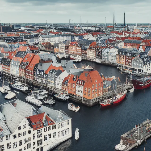 Image similar to copenhagen denmark with new england colonial buildings on a harbor, cinematic, volumetric, realistic, cinematic lighting, ray tracing, unreal engine 5, octane render, hyper realistic, photo, 8 k