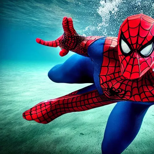 Image similar to underwater shoot photo of Spiderman , high detail , perfect photo