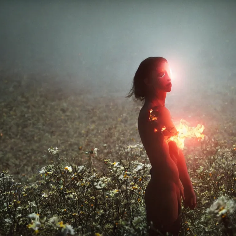 Image similar to The full body shot of beautiful pale woman with many flowers and full-face black mask with glowing halo inside a thick black smoke in rocky desert landscape, glowing eyes, falling star on the background, burning earth by Christopher Doyle, Gaspar Noe, Alejandro Jodorowsky, anamorphic lens, cinematic composition, award winning photo, 8k