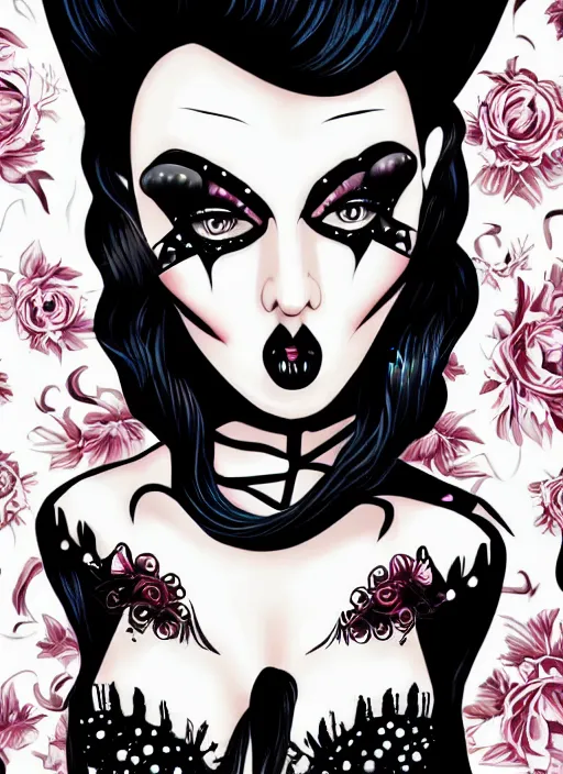 Prompt: of a goth girl burlesque psychobilly punk, detailed face, white background, drawing, full body shot