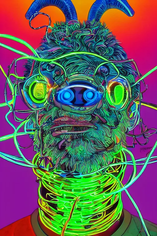 Prompt: stunning highly detailed portrait of an ugly old billy goat with cyber headgear surrounded by wires, neon colors, oil on canvas, strong lighting, by Josan Gonzalez, HD, 4K