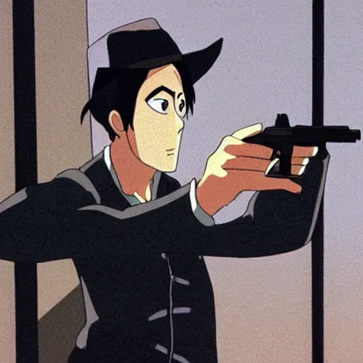 Image similar to a man in black posing while holding a pistol, by Studio Ghibli