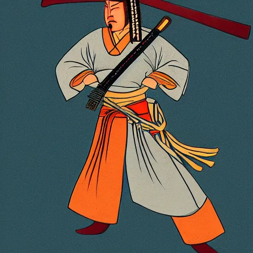 Image similar to highly stylized samurai holding a katana,striking colors