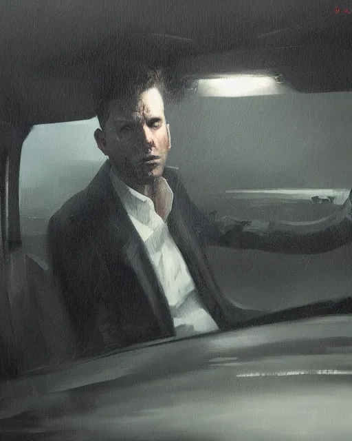 Image similar to Hyper realistic oil painting of a noir detective in his car, hyper detailed, gloomy, moody lighting, by greg rutkowski, trending on artstation