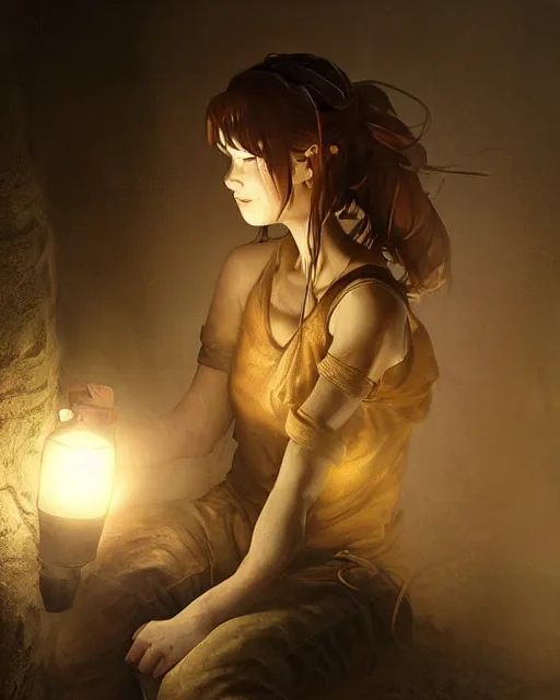 Image similar to a beautiful coalminer woman in a mine lit by a lamp, ambient cave lighting, detailed face, by makoto shinkai, stanley artgerm lau, wlop, rossdraws