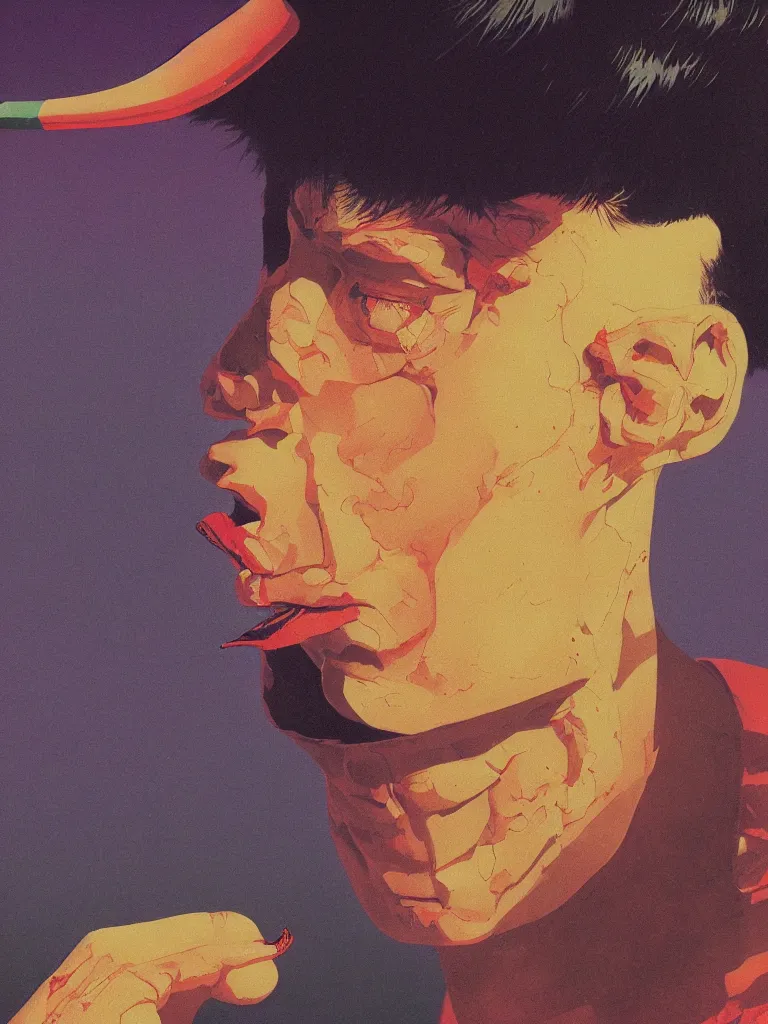 Image similar to a scifi closeup portrait of a young british man licking a blotter paper of LSD acid on his tongue and dreaming psychedelic hallucinations in cosmos, by kawase hasui, moebius, Edward Hopper and James Gilleard, Zdzislaw Beksinski, Steven Outram colorful flat surreal design, hd, 8k, artstation