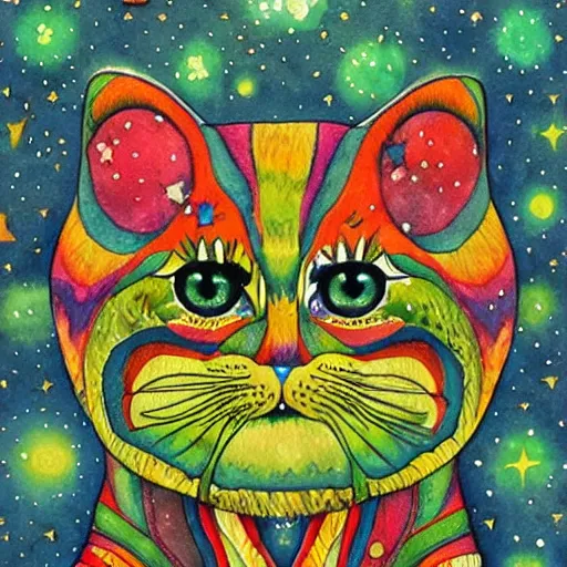 Image similar to a green cat surrounded by galaxies, watercolor by Louis William Wain,