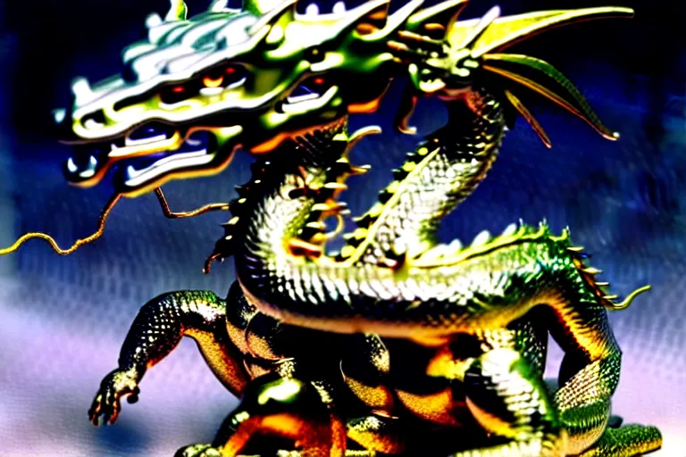 Prompt: metallic dragon god, worship him. ra prostrated, glistening aura. futuristic chinese