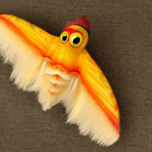 Image similar to an anthropomorphic humanoid rosy maple moth squid hybrid designed by tim burton