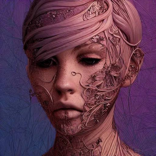 Prompt: a portrait of an incredibly beautiful woman made of potatoes roots and violets, an ultrafine detailed illustration by james jean, final fantasy, intricate linework, bright colors, behance contest winner, vanitas, angular, altermodern, unreal engine 5 highly rendered, global illumination, radiant light, detailed and intricate environment