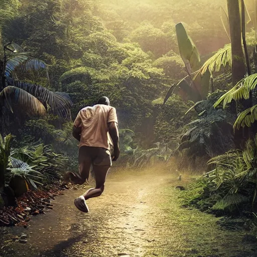 Prompt: Kanye West running though a jungle, the forest plants environment wide angle cinematic lighting atmospheric realistic octane render highly detailed, octane render, in the style of craig mullins