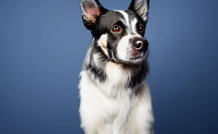 Prompt: studio photography portrait of a dog on dark blue background, rim light, beautiful lighting, 8 k