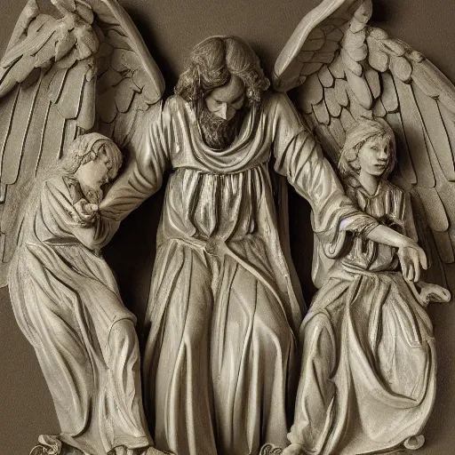 Image similar to angels protecting a praying man very highly detailed, award winning, trending on artstation, 4K UHD image