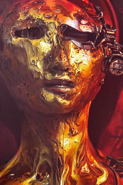 Prompt: oil painting, close-up, hight detailed, melting cyborg at red planet, in style of 80s sci-fi art, neodada