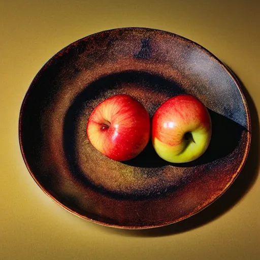 Prompt: a wide angle side view realistic photo of only 3 apples on a colorful plate, award winning, food photography, by ansel adams