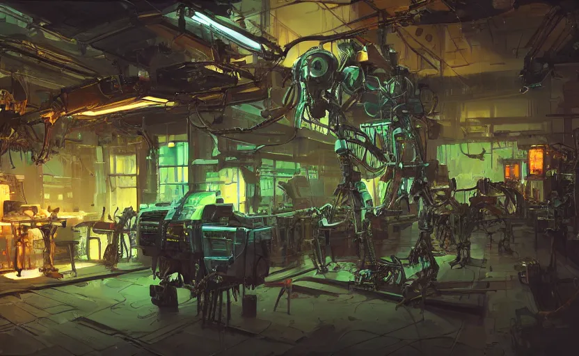 Image similar to interior shot, scifi robot repair workshop, robot skeleton, robot skeleton, robot skeleton, neon lights, neon lights, neon lights, neon lights, cinematic lighting, Craig Mullins, Greg Rutkowski, volumetric light, artstation, octane render, low angle camera