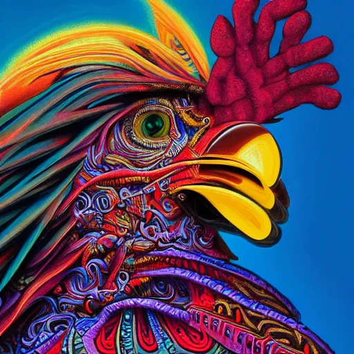 Image similar to an extremely psychedelic portrait of a robotic rooster wearing a hoodie, surreal, LSD, face, detailed, intricate, elegant, lithe, highly detailed, digital painting, artstation, concept art, smooth, sharp focus, illustration, art by Jason Edmiston