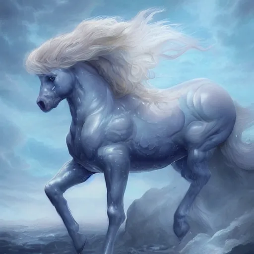 Image similar to a fantastical translucent!!! small horse made of water and foam, ethereal, noble, radiant, hyperalism, scottish folklore, digital painting, artstation, concept art, smooth, 8 k frostbite 3 engine, ultra detailed, art by artgerm and greg rutkowski and magali villeneuve