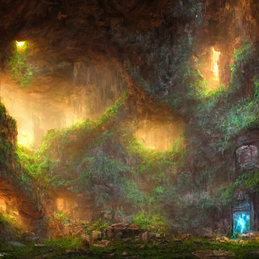 Image similar to interior of a cave with ancient ruins and plants with lights, retrowave epic art, trending on artstation, cgsociety