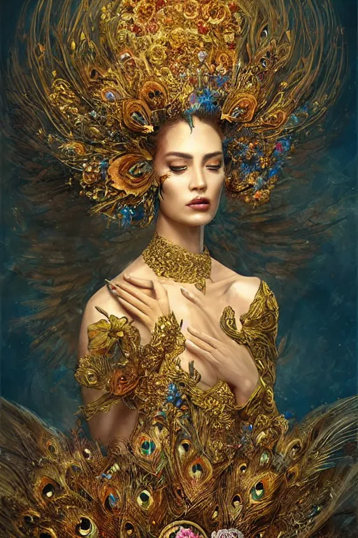 Prompt: ultradetailed portrait of an empress of beauty!, a grand golden throne, beautiful flowers and butterflies, crown made of peacock feathers by greg rutkowski, karol bak and peter mohrbacher, volumetric lighting
