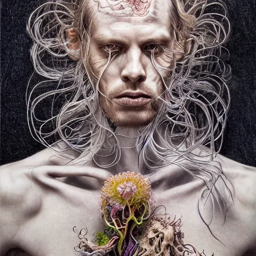 Image similar to portrait of extremely bizarre disturbing mutated man with intense chiaroscuro lighting in flowing dress, arrogant, mysterious, long fine flowing hair, delicate, looking at camera, realistic face, intricate, stylish, elegant, grim dark, flowers, extremely detailed photograph by Martine Johanna and Ernst Haeckel and Greg Rutkowski