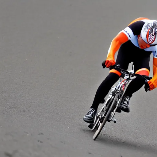 Prompt: bicycle race rider throwing his hands in the air as he wins the race while falling of his bike